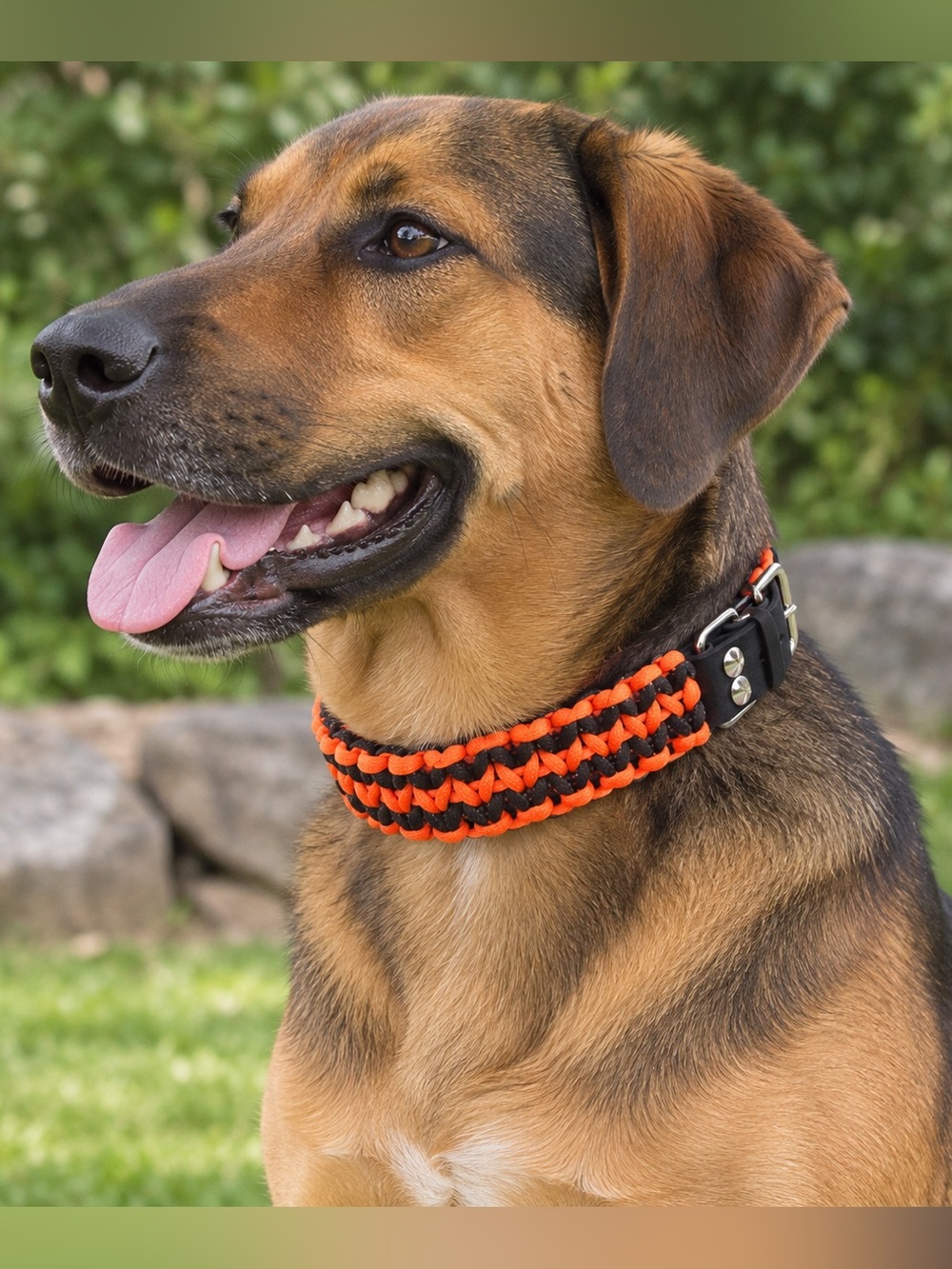 Handmade Reflective Black & Orange Paracord Dog Collar with Leather Strap